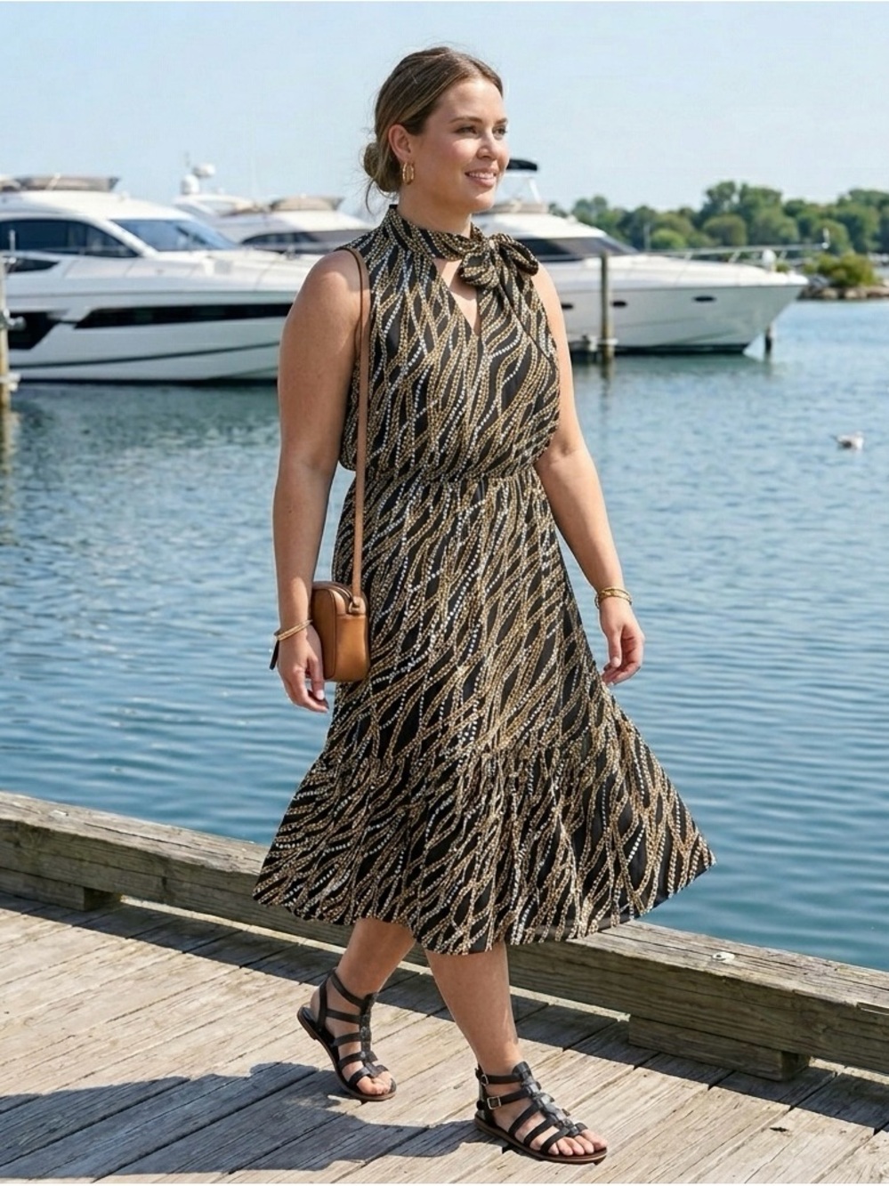 Michael Kors Black & Gold Sleeveless Tie-Neck Chain Print Midi Dress
